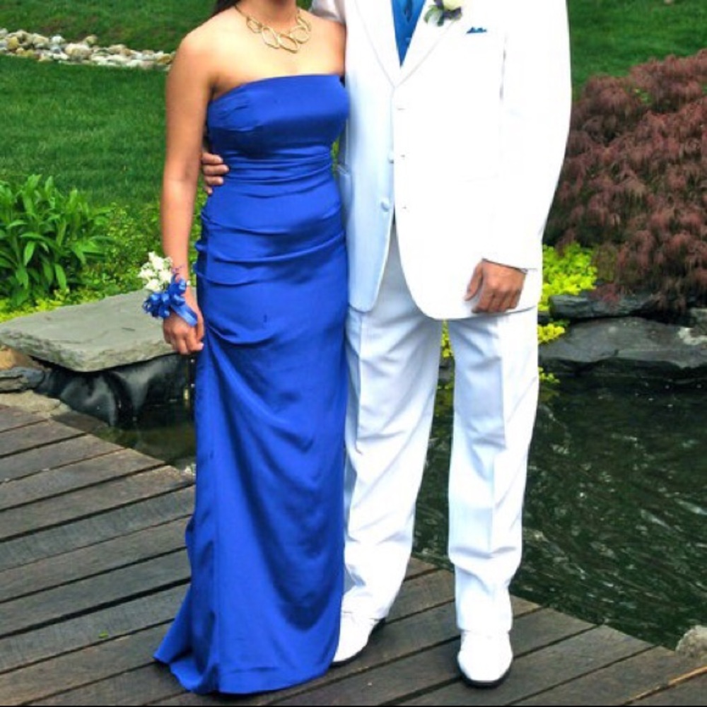 Royal blue strapless gown with rouged back detail